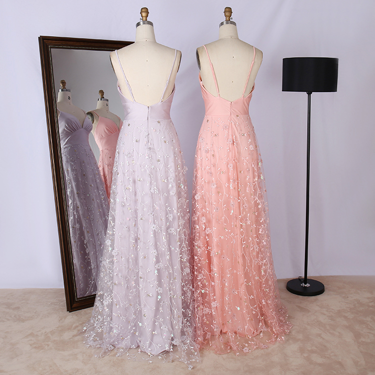 2022 V Neck Spaghetti with embroidered decals long pink wedding Bridesmaid dress Bridesmaid dress