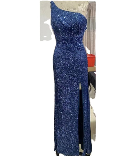 2022 New design women elegant plus size Blue one shoulder pleated bodice sequin bridesmaid prom dresses