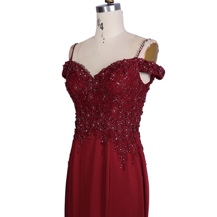 Hot selling off the shoulder beaded sexy burgundy elegant women evening dresses