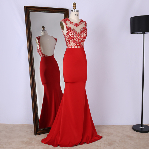 Wholesale new design scoop neckline embroidery sequined red formal gowns women evening dresses
