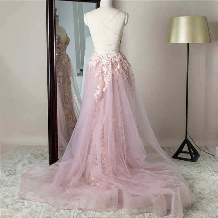 Purple 3D beaded embroidery lace detachable tulle train skirt prom Deep V Neck Mermaid Long Formal Long Gown Evening Dresses