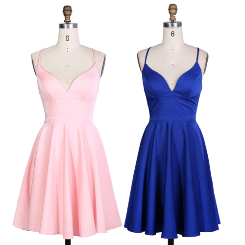 Nice satin width Pink Royal blue women V neck sleeveless short lace up mini A line homecoming birthday party dress with pockets