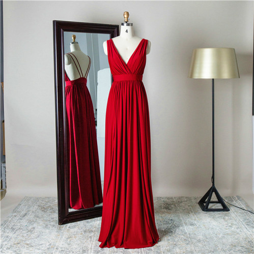 Stretch jersey Floor Length Deep V Neck sleeveless red Colors Plus Size Burgundy Bridesmaid Dresses