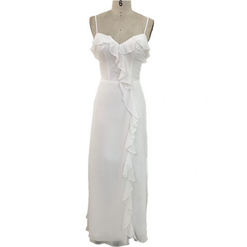 Unique design v neck spaghetti strap flounces sexy white pink long bridesmaid dress for ladies