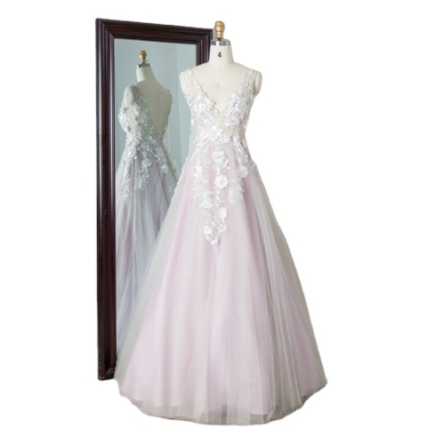 Deep V Neck 3D Flower sembroidered Ivory White Color Princess A Line Tulle Skirt Sexy Open Back Prom Dress