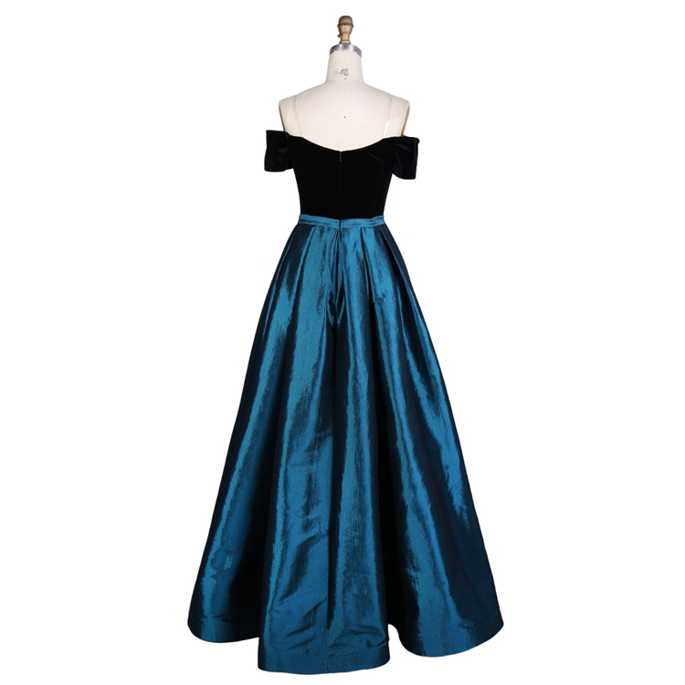 China manufacturer black velvet top off the shoulder taffeta prom dress with sleeves