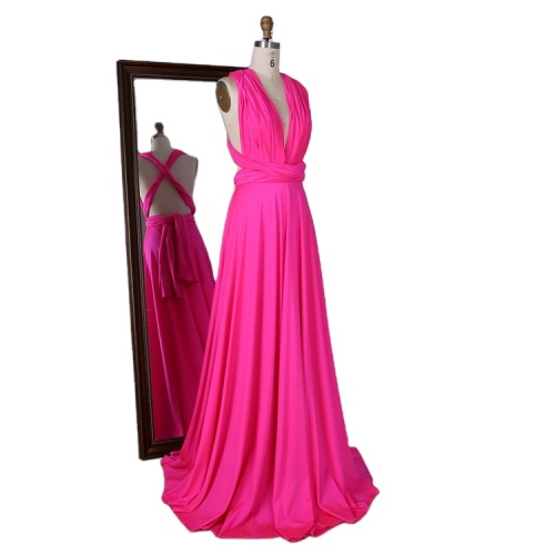Hot pink stretch jersey deep V infinity sweep train prom bridesmaid dresses
