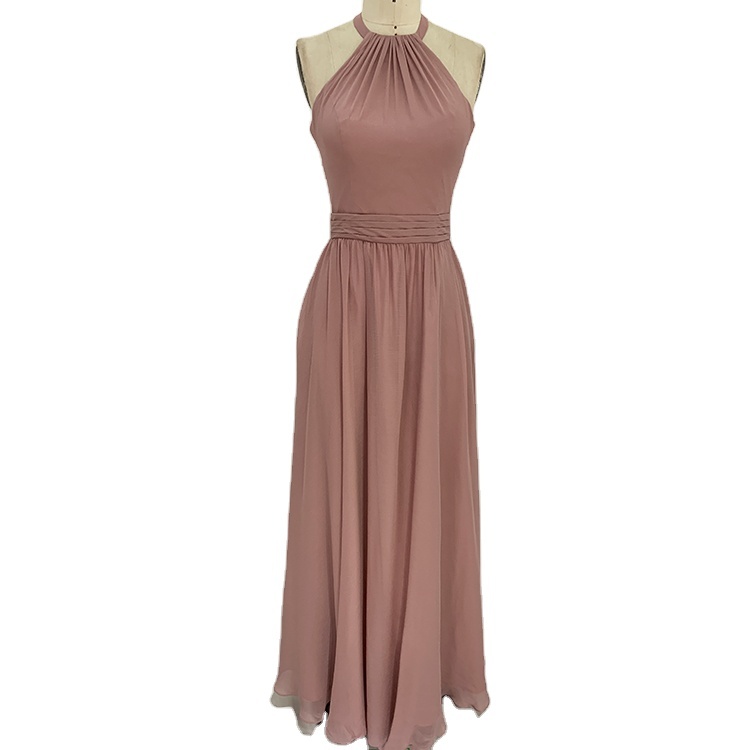 Dusty Rose sleeveless Floor Length Spaghetti Strap V Neck hand pleated women chiffon prom bridesmaid dresses for wedding