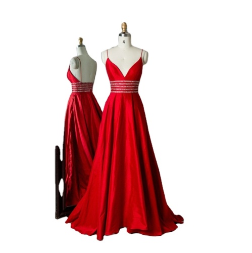 Red taffeta Spaghetti Strap 3 Lines Rhinestones Belts Deep V Neck A Line Princess Sexy Back Mikado Prom Dress