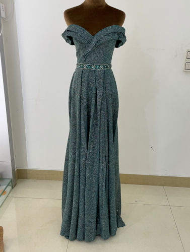 2022 Off The Shoulder Beaded Belt Waist A Line Ruffle Skirt 1 Piece Evening Gown Stones Green Prom Dress