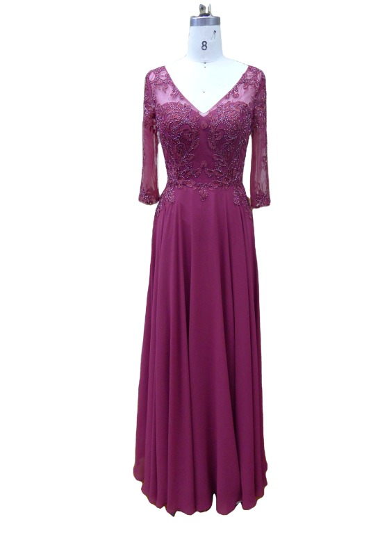 Dusty Rose champagne plus size round neck Embroidery hand beading chiffon A line skirt mother of the bride evening dresses