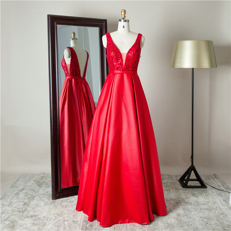 Sequin pattern bodice Red Deep V neck back embroidery mikado satin A line prom dresses