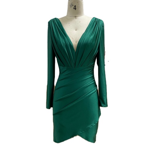 Plus size Emerald green long sleeve hand pleated Stretch jersey short evening dress