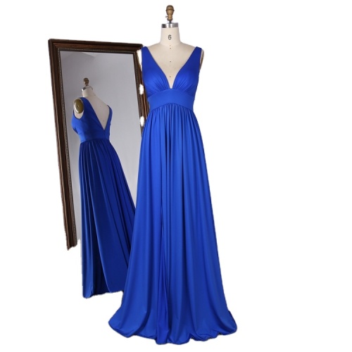 Good Stretch Jersey Fabric Deep V Neck Sexy Back A Line Skirt High Slit Bridesmaid Dress