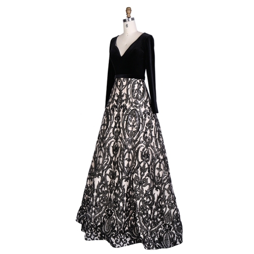 New design high quality sequined plus size black long sleeve evening dresses