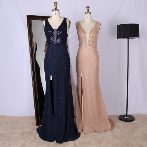 Sleeveless Deep V Neck High Split Blue Prom Gown Wholesale Manufacturer Evening Dress