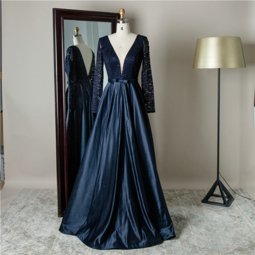 High grade deep v neck mazarine blue lace long sleeves lace evening prom dresses for party