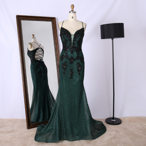 New design v neck spaghetti strap lace up back net shape dark green ladies prom dresses for formal occasion
