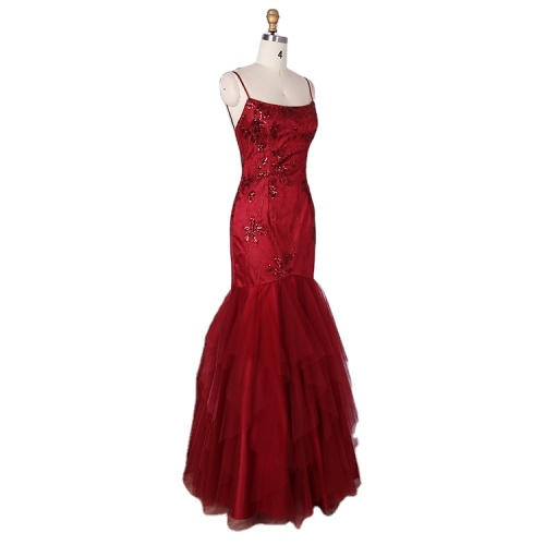 Popular design spaghetti strap embroidery sequined mermaid formal party red evening dress
