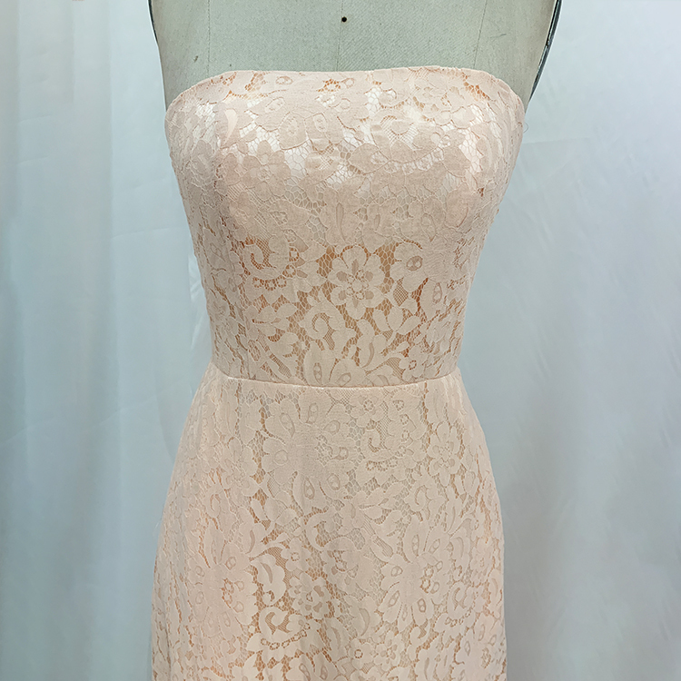 Sexy strapless embroidery lace champagne long bridesmaid dress for wedding party