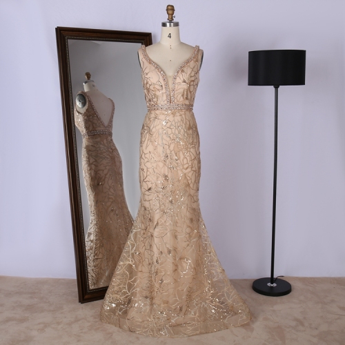 Customized v neck backless embroidery beading sequined special occasion luxury ladies evening dresses
