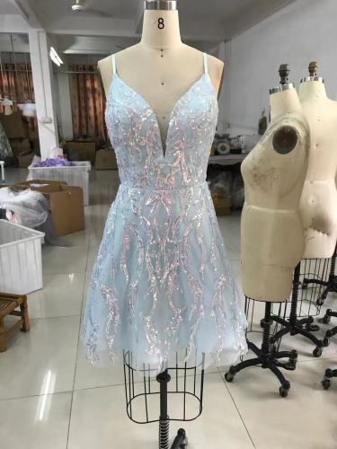 Popular design spaghetti strap Ladies sexy sequin short formal prom evening dress