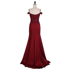 Hot selling off the shoulder beaded sexy burgundy elegant women evening dresses