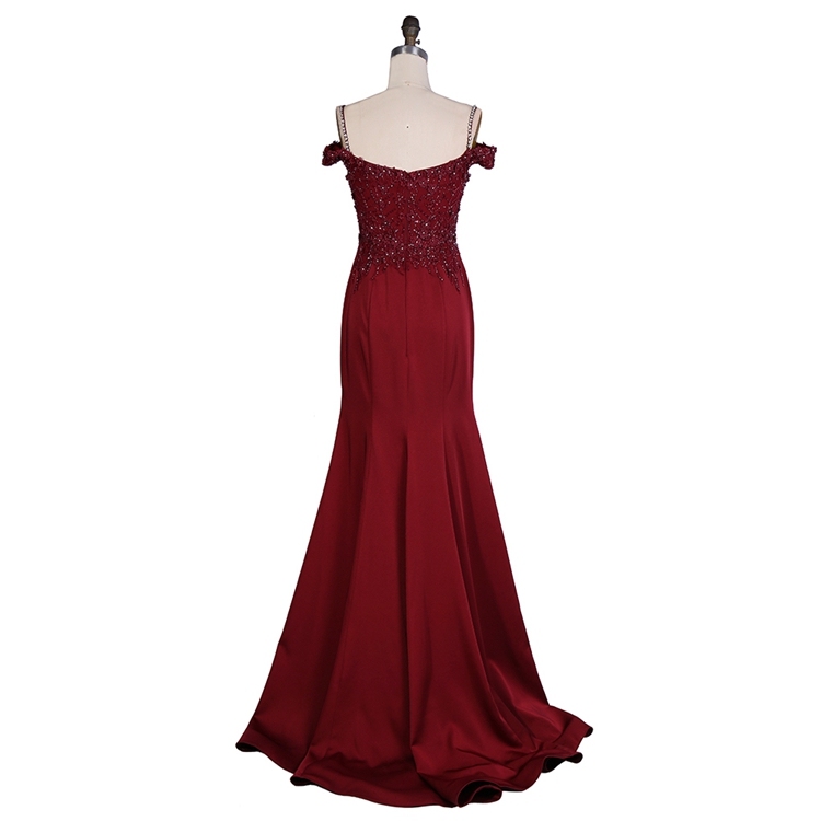 Hot selling off the shoulder beaded sexy burgundy elegant women evening dresses