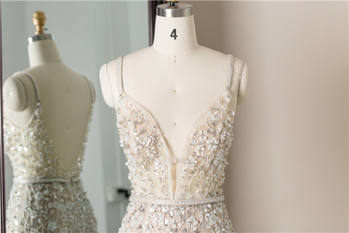 Floor Length Sleeveless deep V neck spaghetti straps full hand beading muti layers tulle fishtail Evening Dress