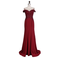 Hot selling off the shoulder beaded sexy burgundy elegant women evening dresses