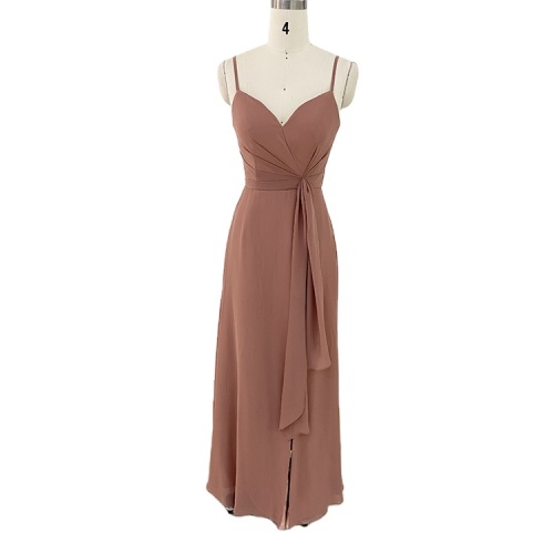 Dusty Rose sleeveless Floor Length Spaghetti Strap V Neck hand pleated women chiffon prom bridesmaid dresses for wedding