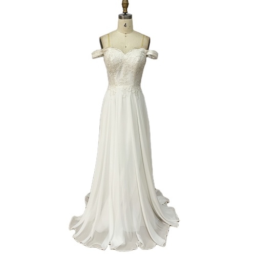 Custom priced v-neck drop-off shoulder embroidered white girl bridesmaid dresses for weddings