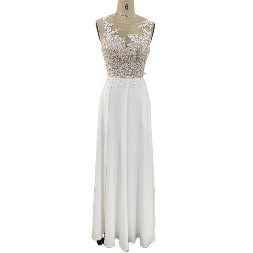 Wholesale scoop neckline embroidery lace white long bridesmaid dresses for wedding