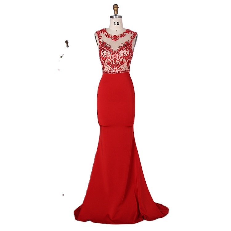 Wholesale new design scoop neckline embroidery sequined red formal gowns women evening dresses