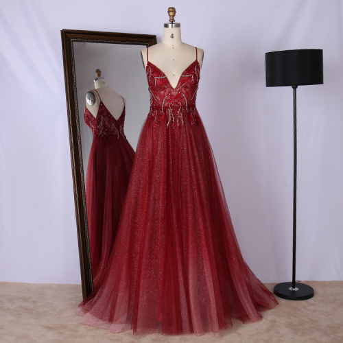 Custom tulle v neck spaghetti strap elegant evening dinner dress red prom dresses for ladies
