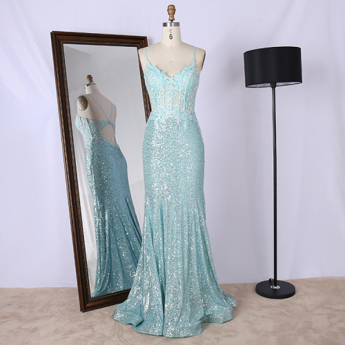 Sleeveless teen mermaid sexy full embroidered bodice sequined skirt Evening gown long PROM dress