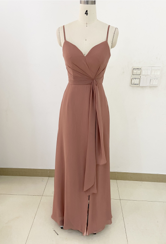 Dusty Rose sleeveless Floor Length Spaghetti Strap V Neck hand pleated women chiffon prom bridesmaid dresses for wedding