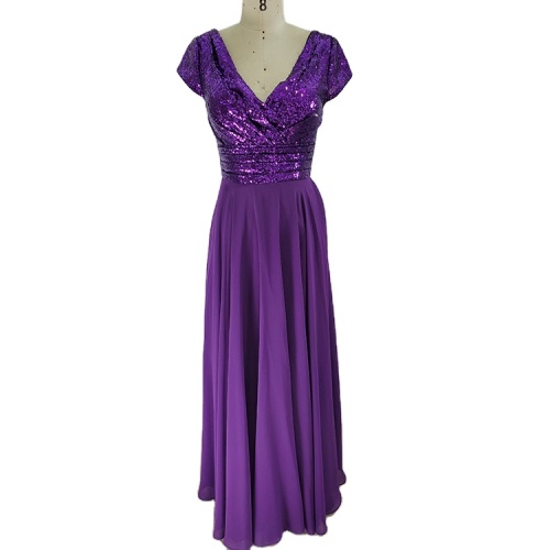 Short Sleeve Sequin Bodice Chiffon Skirt New Gown Bridesmaid Dress Plus Size Purple Vintage CLASSIC Mother of The Bride