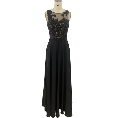 Chaozhou supplier scoop neckline embroidery sequined lace black long bridesmaid dresses