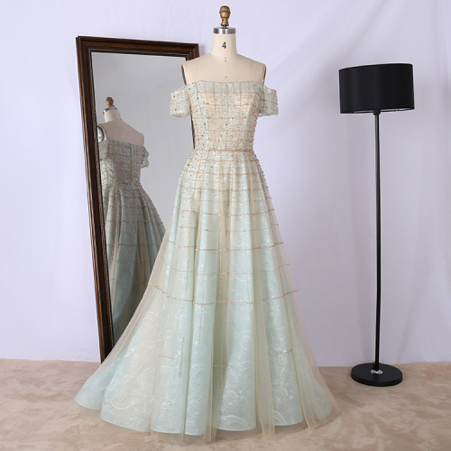 Promotional off-the-shoulder diamonds beaded emerald green long elegant chaozhou evening dresses