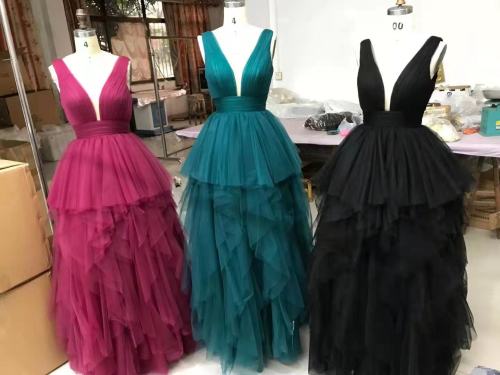 Sleeveless Solid Colors Deep V Neck Ruffle Skirt Rose Gold Pink Masquerade Ball Prom Dresses