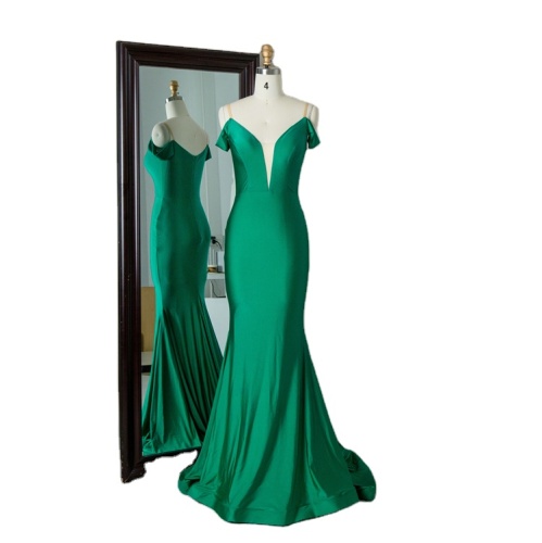 Chaozhou factory cheap prices off shoulder elastic satin bodycon green mermaid prom evening dresses