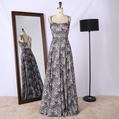 Wholesale cheap price leopard grain shape spaghetti straps vintage long evening dinner dress prom dresses for ladies