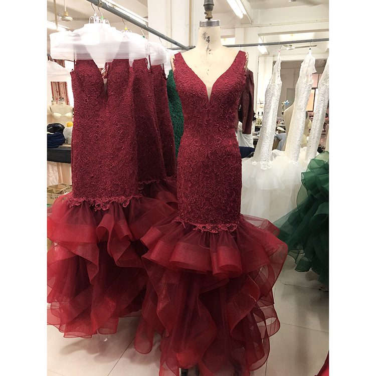 2022 new arrivals v-neck handmade embroidery beaded mermaid tiered skirt formal prom dress