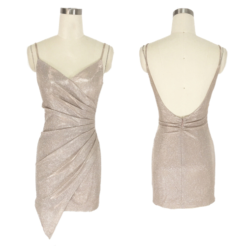 Rose gold cross irregular Champagne shiny satin sleeveless hand pleated short prom dresses