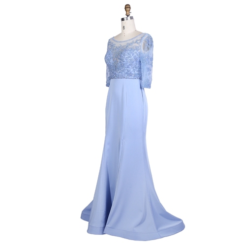 Beading Floor Length Evening Mother of The Bride Dress Blue Mermaid Skirt with Satin Natural OEM Service Short Chiffon Knitted