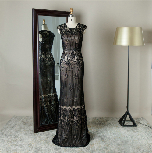 Black hand beaded floor length Short Sleeve Sexy Mermaid Fitting Muslim Lace Plus Size Mother Of The Bride Dresses