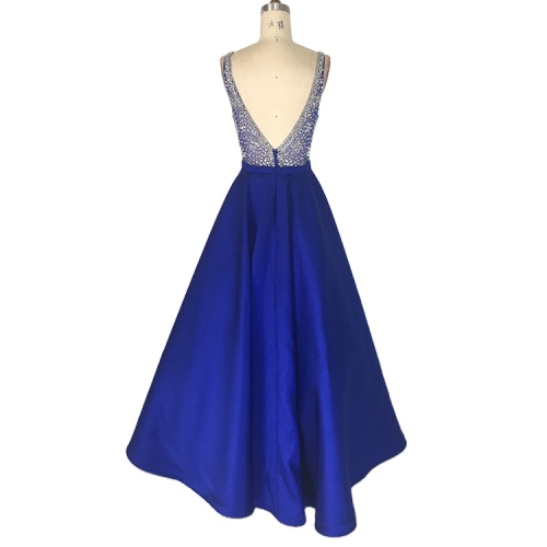 Ball gown Royal blue hand beading sleeveless deep V neck mikado A line prom dresses
