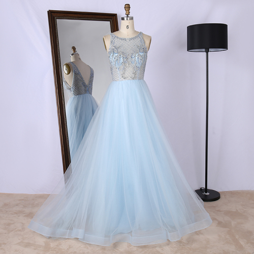 Light Blue round neck see-through hand beading bodice with patterns girl's Princess tulle prom dress with deep back