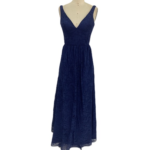A line Navy blue sleeveless lace pattern V neck floor length Bridesmaid prom dress